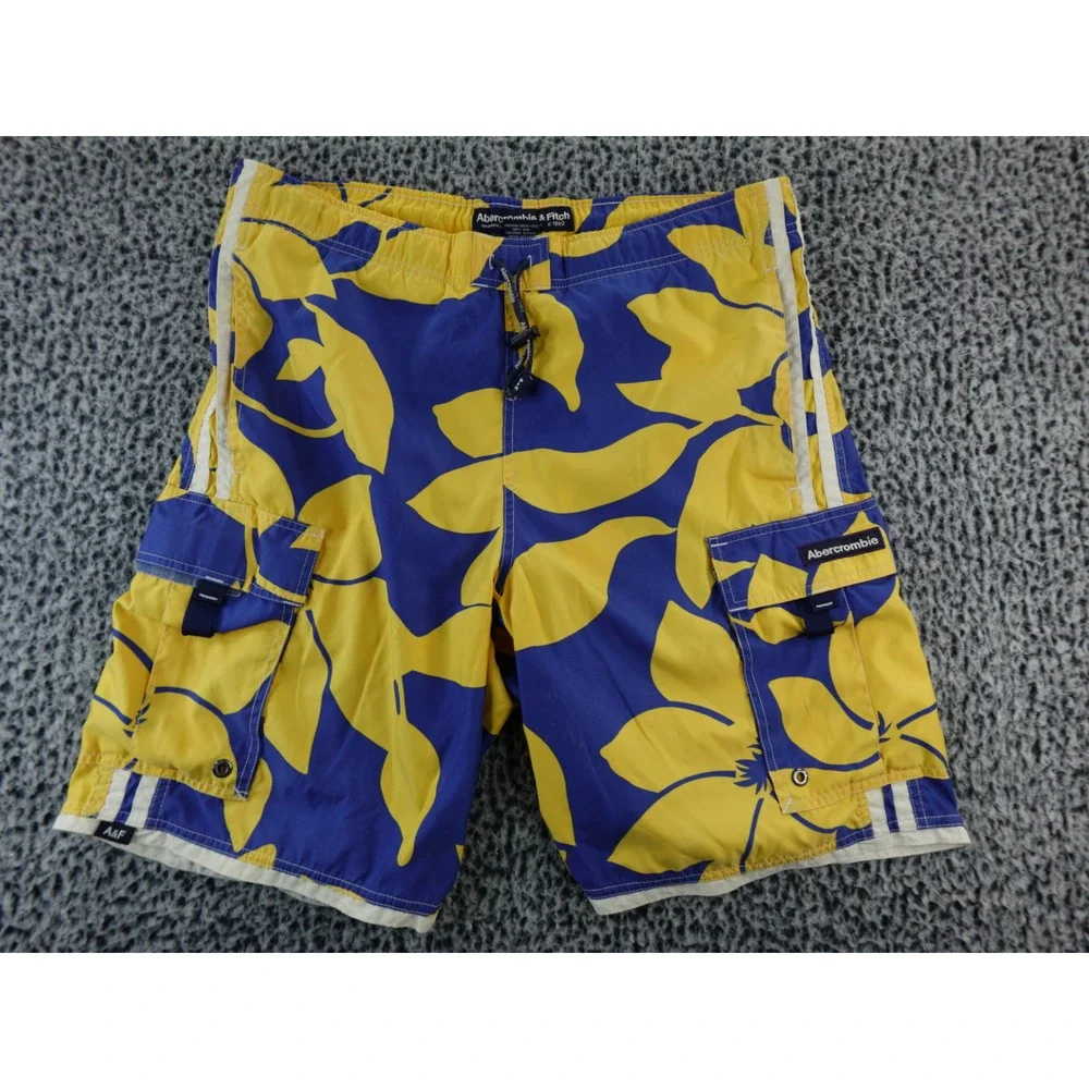 Abercrombie Fitch Mens Yellow Blue Floral Board Shorts Cargo Pockets Size M‎